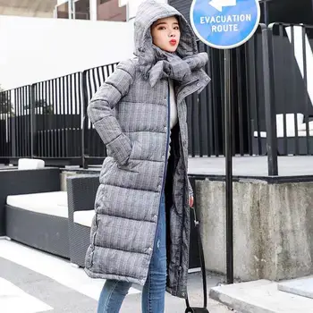 

Women Fashion Hooded Plaid Cotton Coats Clothes Scarf Collar For Women's Long Warm Casual Thicken Jackets Female Overcoat Winter