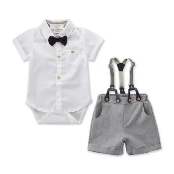 

Newborn Baby Boy Gentleman Clothes Short Sleeve Bow Tie Tops Bodysuits +Strap Pants Shorts 2Pcs Summer Set 0-24M