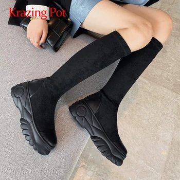 

Krazing Pot european style real leather patchwork round toe high heels thick bottom platform keep warm maiden mid-calf boots L52