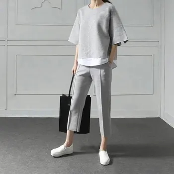 

2020 Autumn Casual O-Neck Fake Two Pieces Top 3/4-Length Pants Two-piece Sets Loose Splits Sleeve Cotton Suits