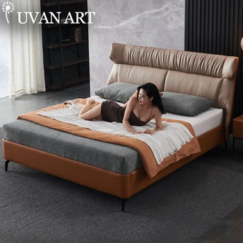 

Modern minimalist bed 1.8m2 meters 2.2 bed master bedroom orange light luxury leather bed Nordic leather bed
