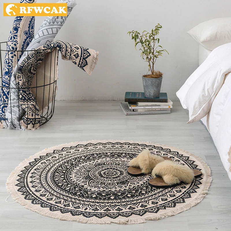 RFWCAK Retro Bohemian Round Carpet Hand Woven Cotton Linen Tassel Rug Living Room Bedroom Floor Mat Sofa Cushion Home Decoration | Дом и сад