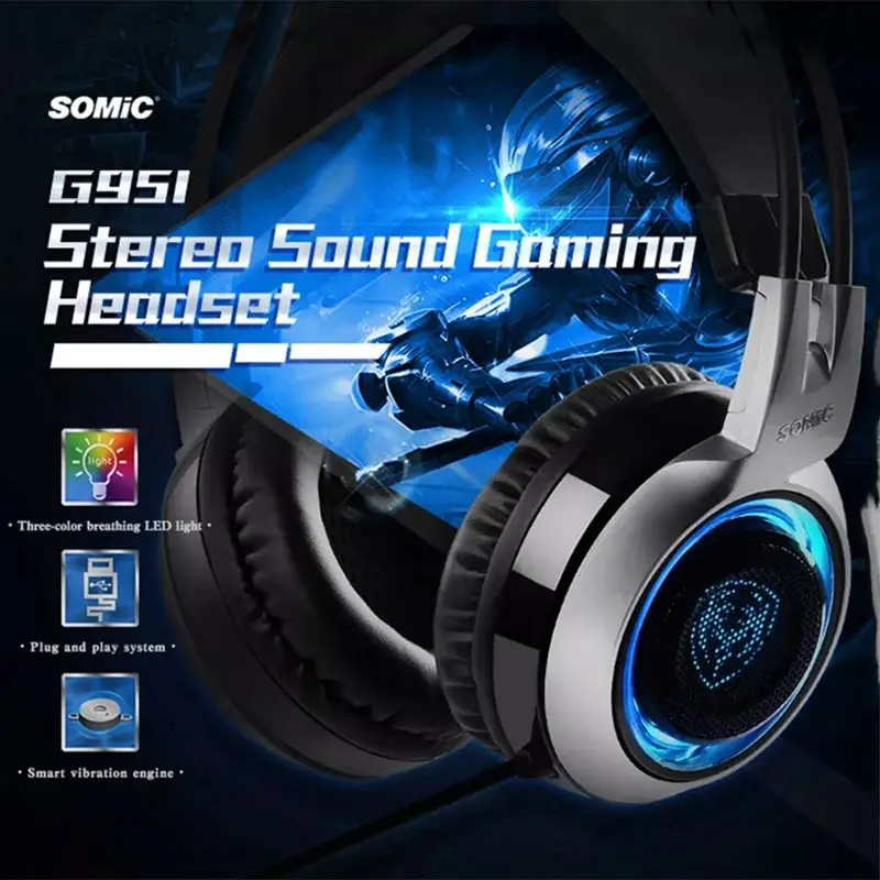 SOMiC G951 USB светодиодный игровой наушник дышащий 3 цвета подсветка бас стерео