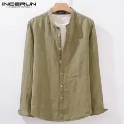INCERUN 2019 Мужская рубашка однотонная на пуговицах, со стоячим воротником Harajuku винтажная шикарная брендовая рубашка с длинными рукавами
