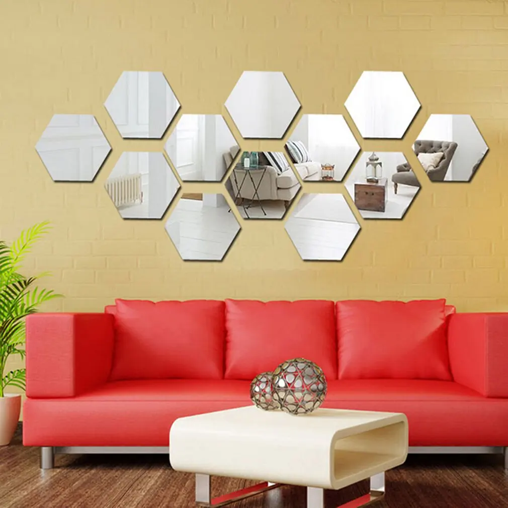 12PCS Hexagon Removable Waterproof Self-adhesive Mirror Stickers Home Bathroom Kitchen Wall Stickers Kitchen Decoration