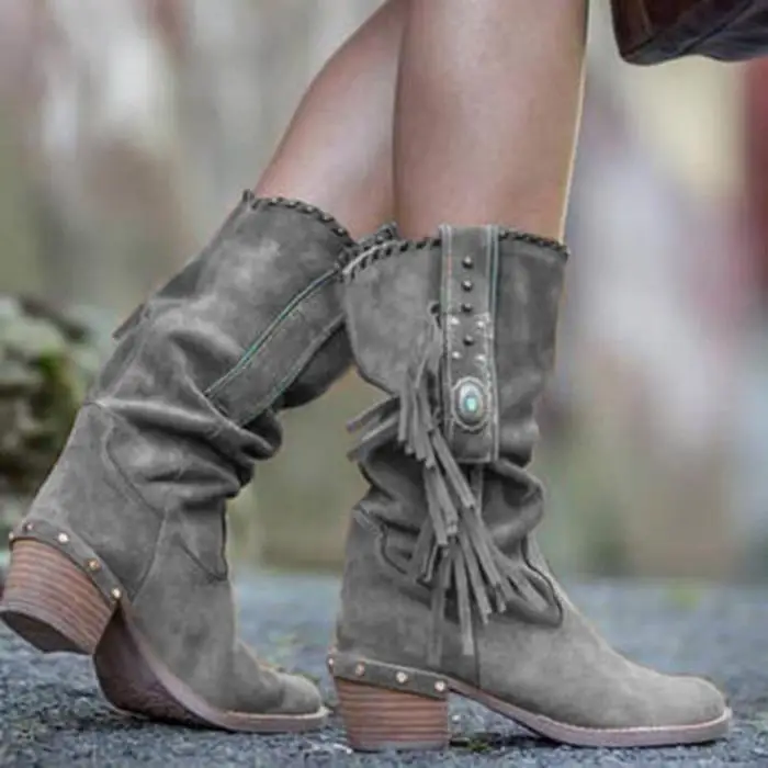 Женские ботинки в этническом богемном стиле; Boho; ботинки из искусственной замши с бахромой; коллекция года; модные женские ботинки на низком каблуке; Botas Altas Mujer