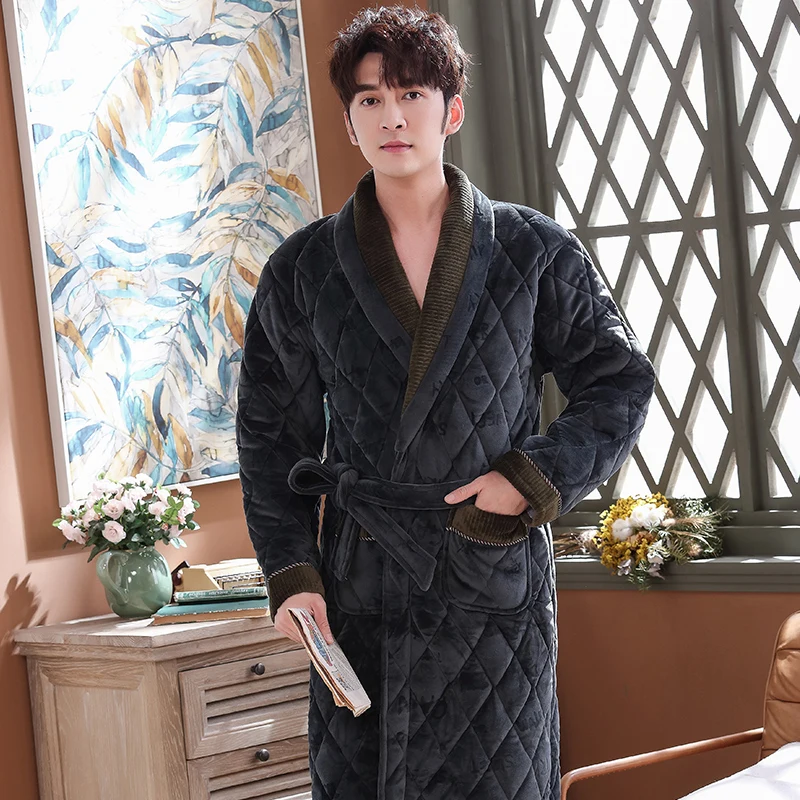 Men's Winter Letter Jacquard Bathrobe Home Clothes Long Sleeved Flannel  Quilted Robe Coat Male Keep Warm Long Bath Robes XXXL - AliExpress