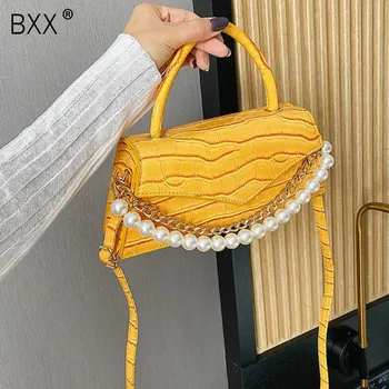 

[BXX] Stone Pattern PU Leather Bags For Women 2020 Winter Pearl Chain Shoulder Handbags Ladies Fashion Crossbody Bag HO238