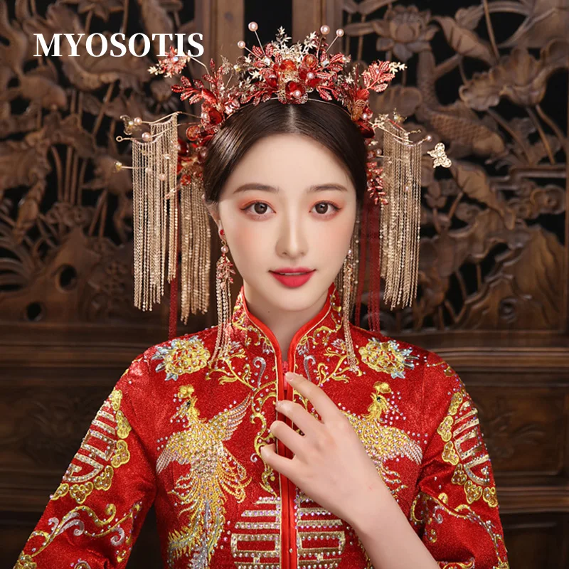 

Fashion Bridal Hair Accessories Chinese Hanfu Tassels Red Headwear Hairpins Set Wedding Accessories Jewelry