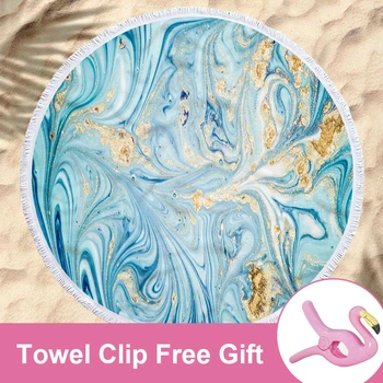 

Yoga Mat Microfiber Round Beach Towel With Tassel Marble 3D Print Swimming Pool Bath Towel For Adult Towel Clip Free Gift
