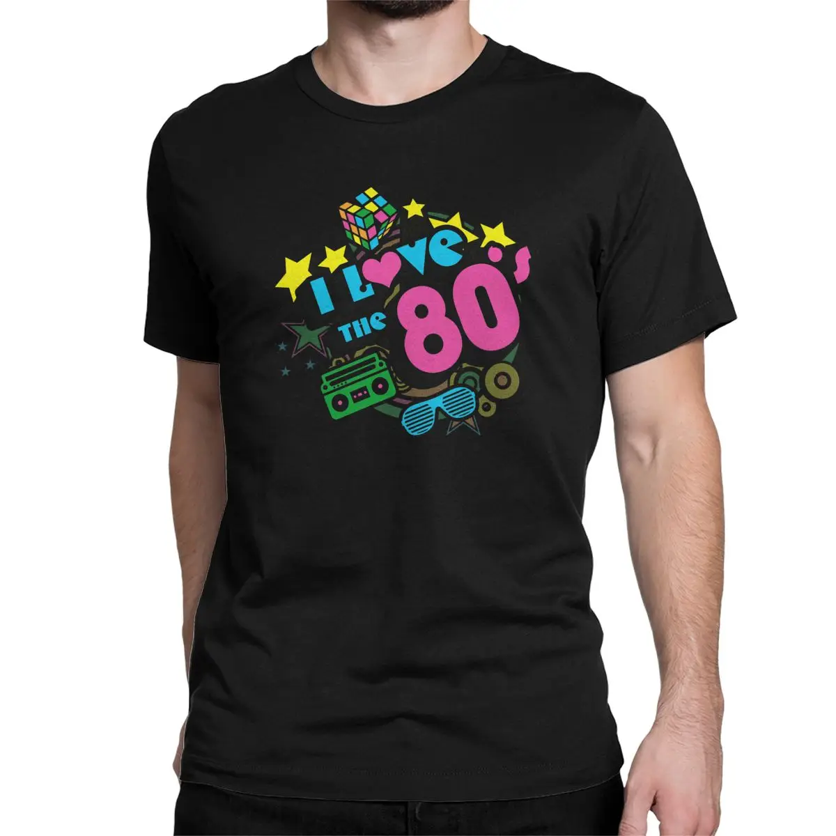 Футболки в стиле ретро с надписью «I Love The 80's», Мужская футболка, 1980, 40 лет, Подарочная футболка на день рождения, одежда с короткими рукавами - Цвет: Черный