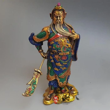 

Old 9.2 Inch Brass Cloisonne Handwork Carved Guan Gong Statue W Qianlong Mark