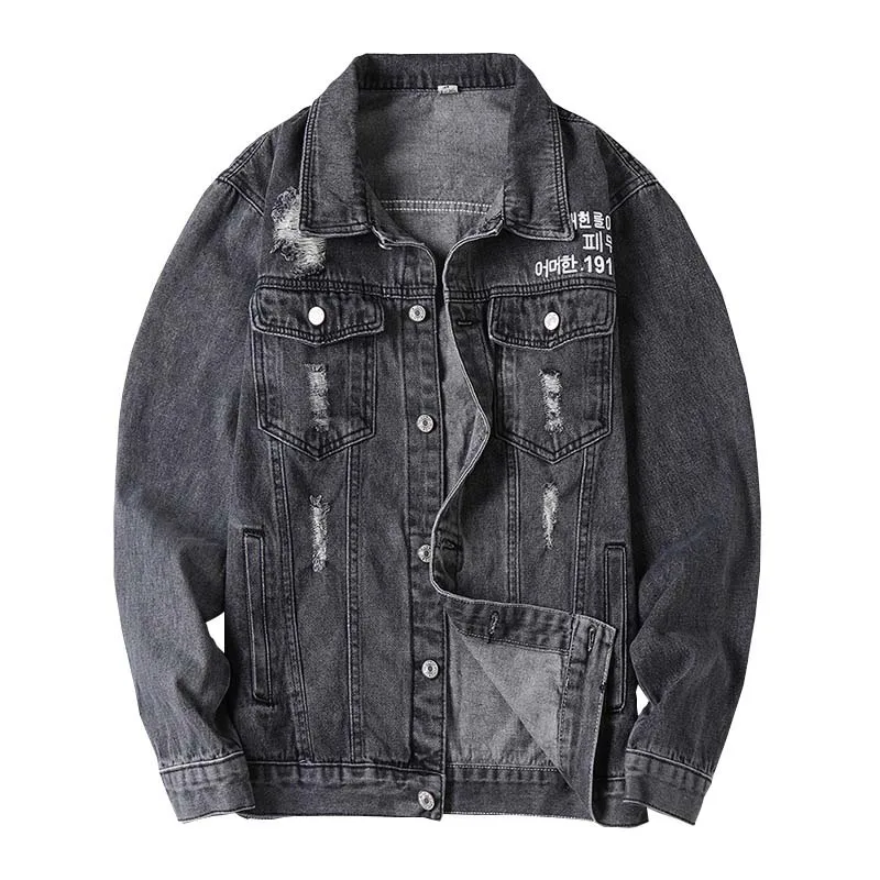Men Fashion Ripped Jeans Jackets Outwear Letter Printed Distressed Denim Jackets Clothing For Male Black (3)