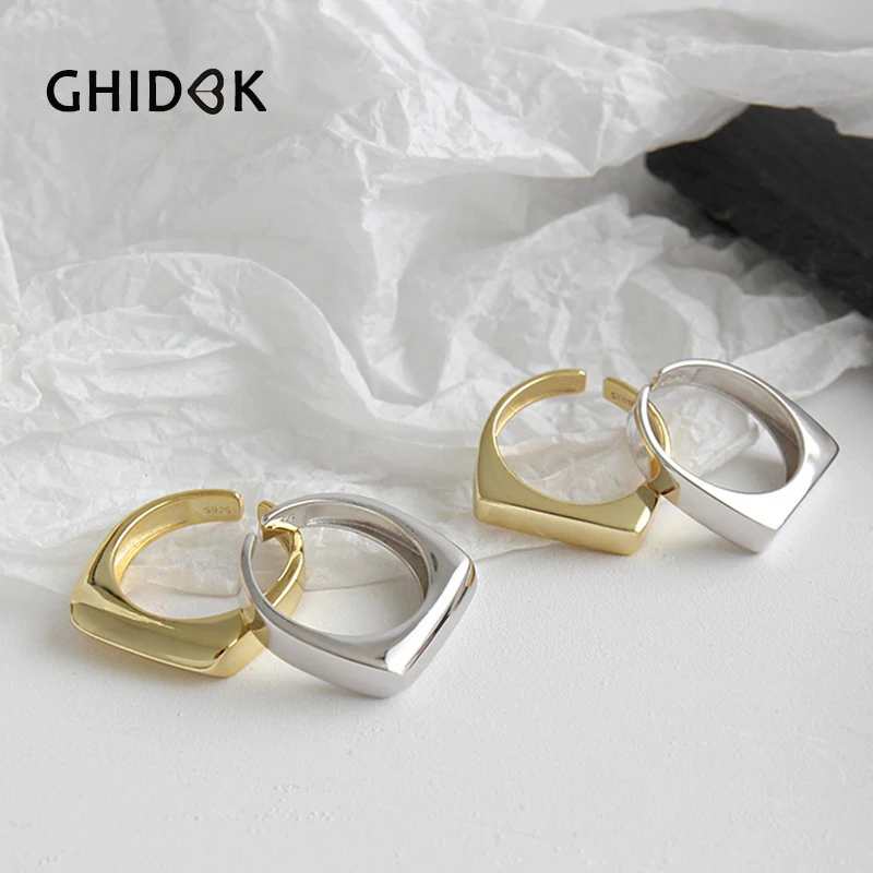 

GHIDBK Minimalist Statement Open Ring in S925 Silver Handmade Flat Top and Drop Shape Wedding Rings Women Geometric Silver Ring