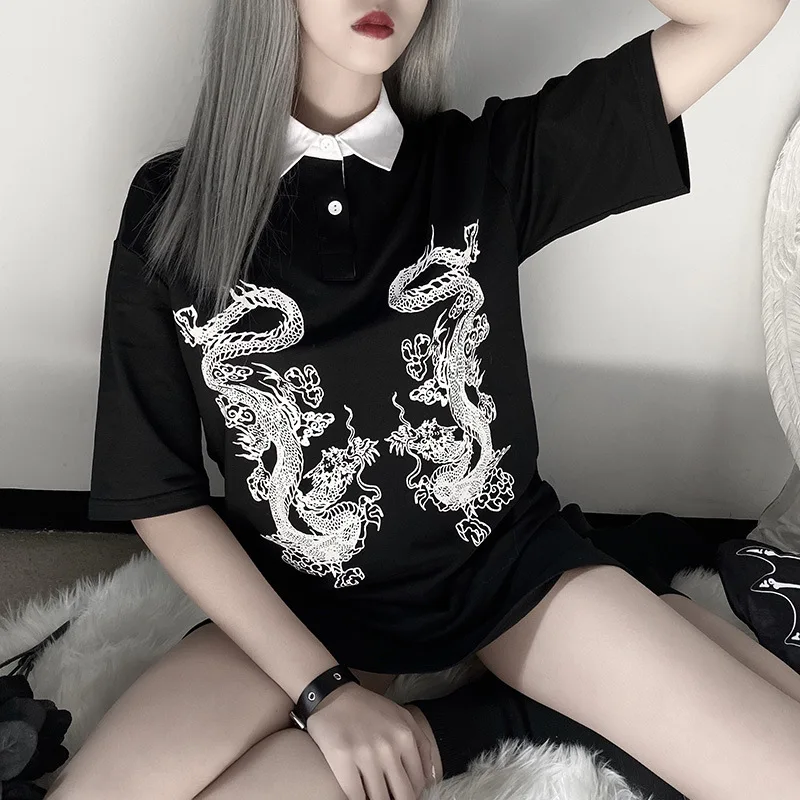 2020 New Dragon Print Vintage Gothic Female T-shrits Spring Egirl Grunge Punk Emo Aesthetic Harajuku Tshirt Women Chic