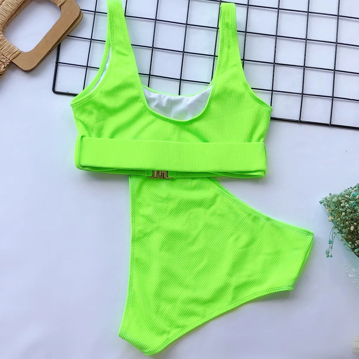 Maillot De Bain Femme с бикини с поясом набор ребристый неоновый топ с глубоким вырезом сексуальный, с высоким вырезом 2 шт бразильские спортивные купальники для женщин