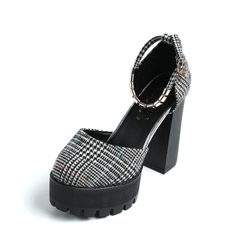 

2020 spring new Japanese lattice temperament wild word buckle round head thick heel shoes waterproof platform super high heels