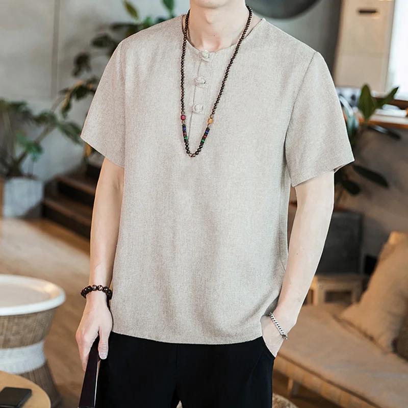 INCERUN Vintage Men Shirt Short Sleeve Button O Neck Chinese Style Camisa Solid Brand Mens Casual Shirts Streetwear S-3XL
