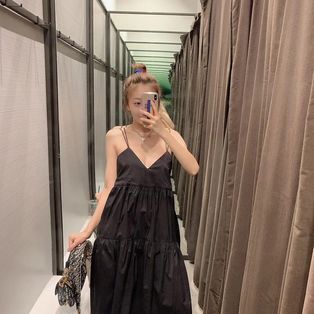 

2019 Summer New Style French Retro Black And White with Pattern Platycodon Grandiflorum Skirt V-neck Sexy Backless Poplin Strapp