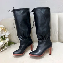 Chueyz/модные женские сапоги до колена на Высоком толстом каблуке Женская обувь на тонком каблуке с круглым носком дышащие яловые женские туфли