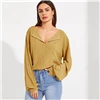 SHEIN, однотонный топ с заниженным плечом, трикотажный эластичный Топ, Женский весенне-осенний длинный рукав, v-образный вырез, Женские повседневные футболки топы