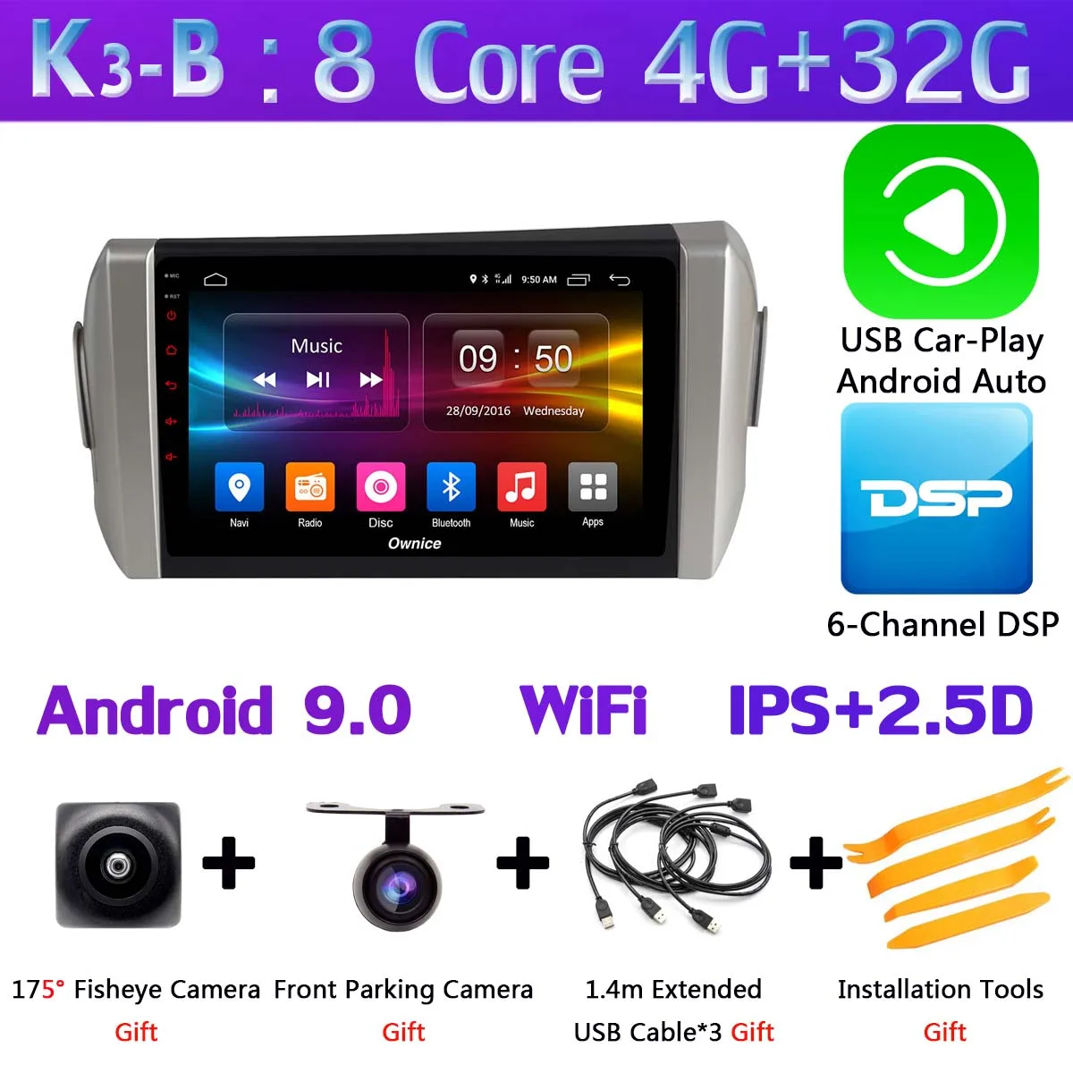 360 ° панорамный 4G WiFi Android 9,0 8Core 4G+ 64G Автомобильный мультимедийный плеер gps компактное минирадио CarPlay для Toyota Innova Crystal - Цвет: K3-B-CarPlay