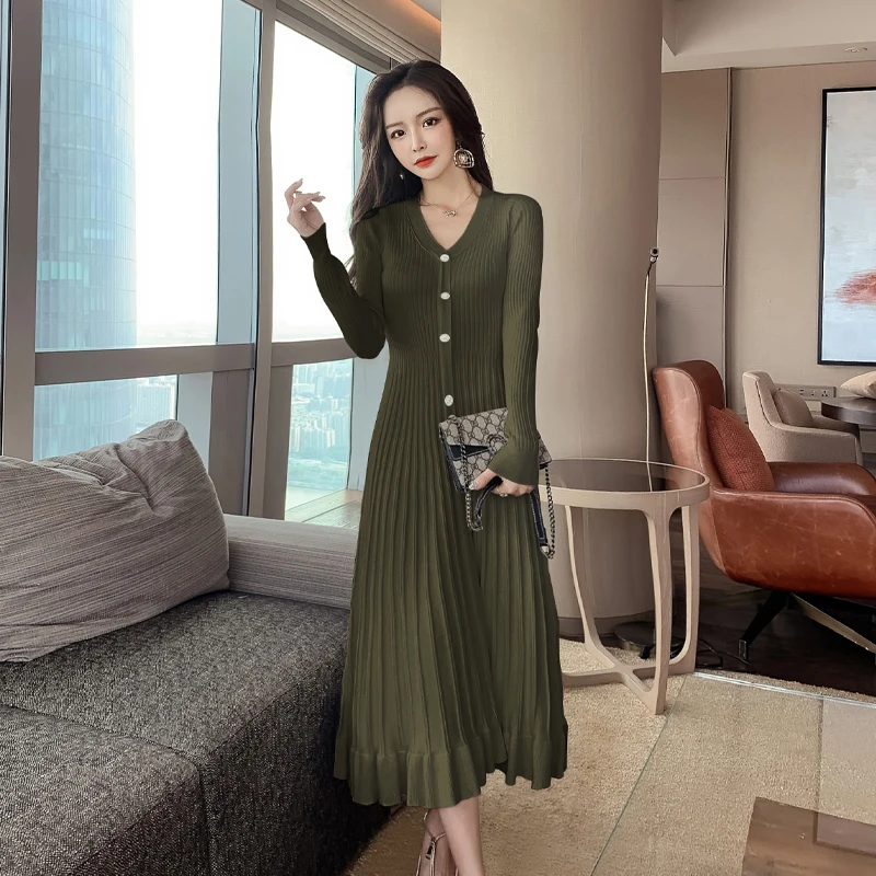Winter Knitting Sweater Pleate Dress One Piece Korea Ladies Long Sleeve V Neck Warm Party Long Maxi Dresses For Women Clothing Pullovers Aliexpress