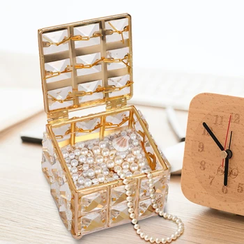 

Rhinestone Earring Ring Pearls Storage Box Jewelry Organizer with Cover Home Decor