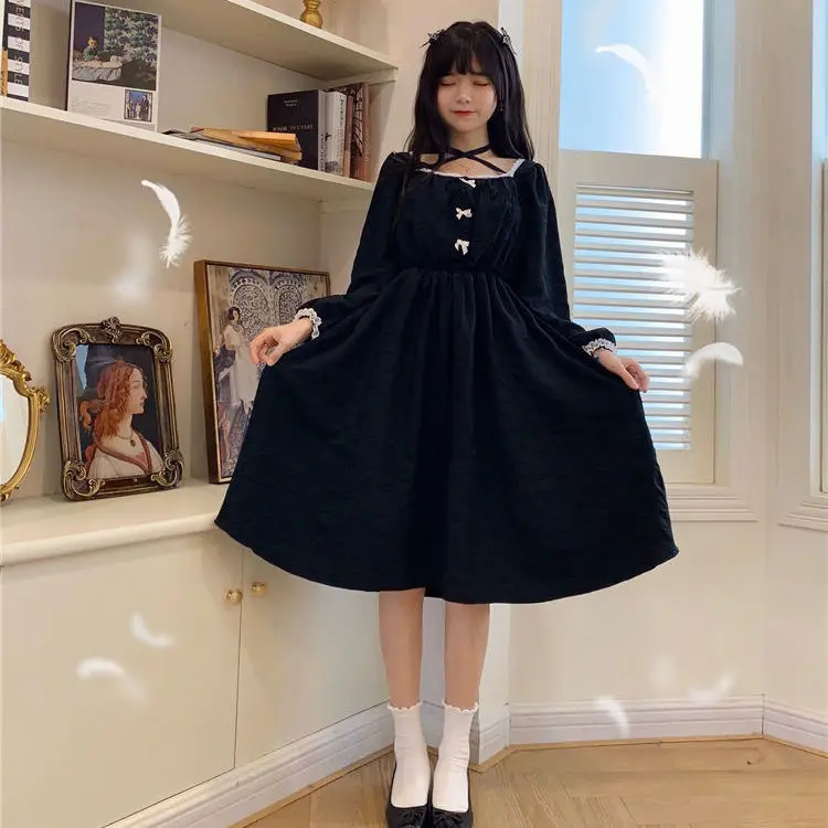 Long Sleeve Dress Women Patchwork Defined Waist Halted Lolita Sweet Girl Japanese Style Retro Vintage Bow Kawaii Fall Streetwear bodycon dress