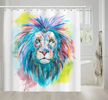 

Watercolor Lion Shower Curtain, Safari Decor Collection Portrait of Huge Male African Lion Head Shower Curtain Set, Waterproof