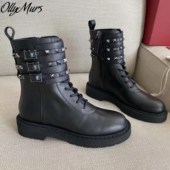

Ollymurs New Genuine Leaher Studded Ankle Boots Round Toe Thick Heel Low Heel Women Winter Boots Zapatos Mujer