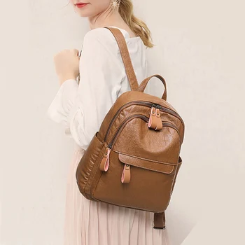 

Ellacey Fashion Backpack Female Korean 2020 New Retro Soft Leather Large Capacity Backpack For Girls Bear Pendant Student Bag