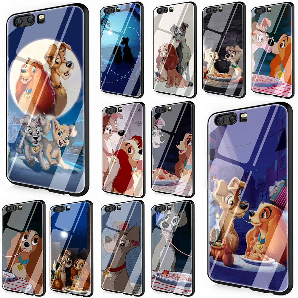 

Cartoon dog Lady and Tramp Tempered Glass Cover Case for Huawei P10 P20 30 Mate 20 Honor 9 10 Lite Pro 7A 8X P Smart Y6 Y9