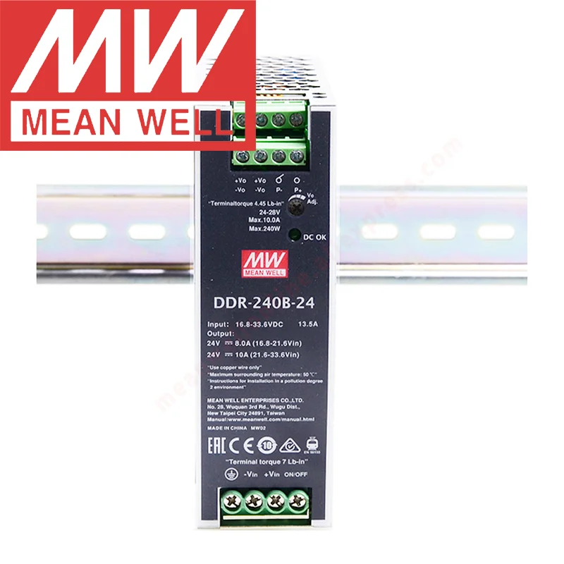 

Original Mean Well DDR-240B-24 Din Rail Type Meanwell 24VDC/10A/240W DC-DC Converter 16.8~33.6Vdc Input