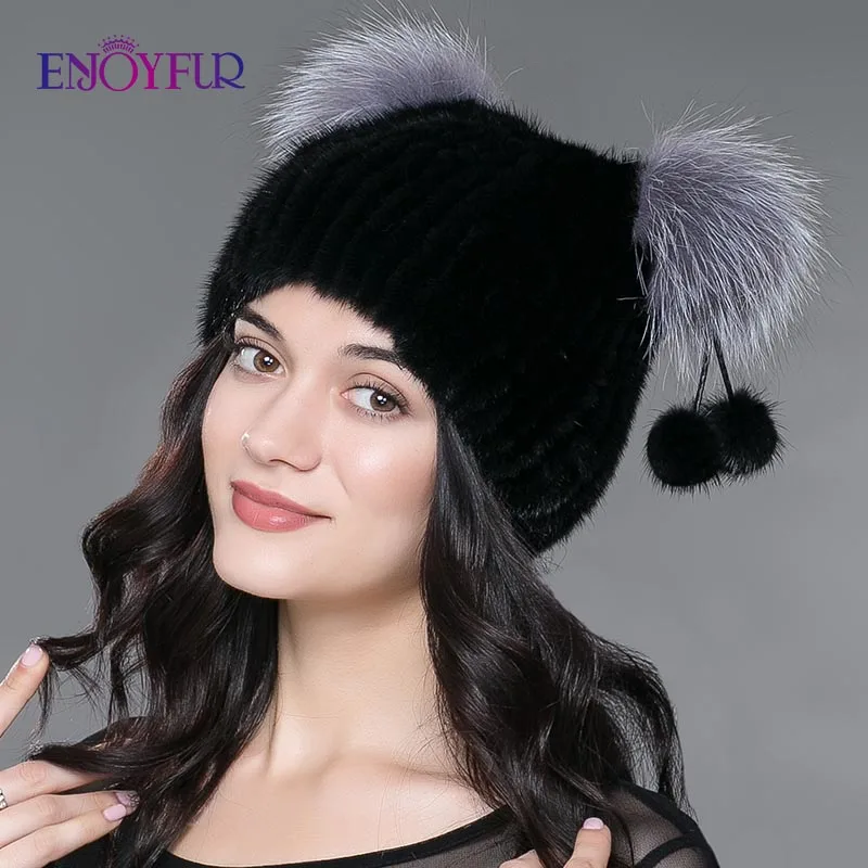 Женская шапка с ушками кошки ENJOYFUR из натурального меха норки помпонами для зимы и