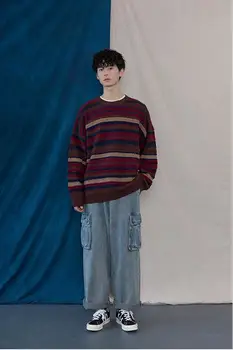 

Good quality! autumn and winter men's striped Contrast color knit sweater o-neck pullovers sweater Korean youth men coat TB3822