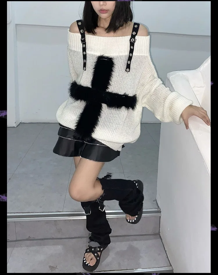 Karrram Harajuku Gothic Knitted Sweaters Punk Girls Cross Off Shoulder Loose Sweater Outwear Autumn Winter Streetwear Emo Grunge
