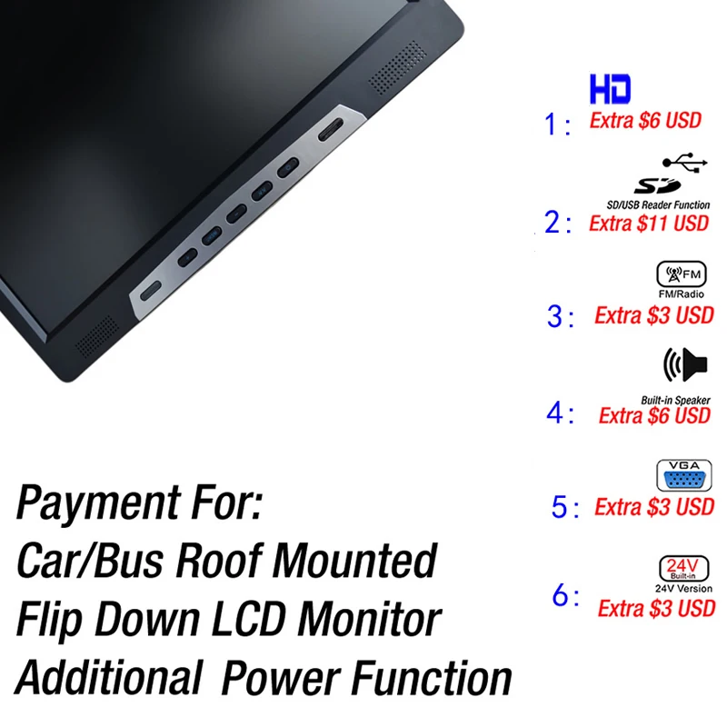 

LEEWA Additional Function USB/SB(MP5) FM Speaker VGA HDMI Built-in 24V for Flip Dowm Monitor Roof Mounted Monitor #CA1945