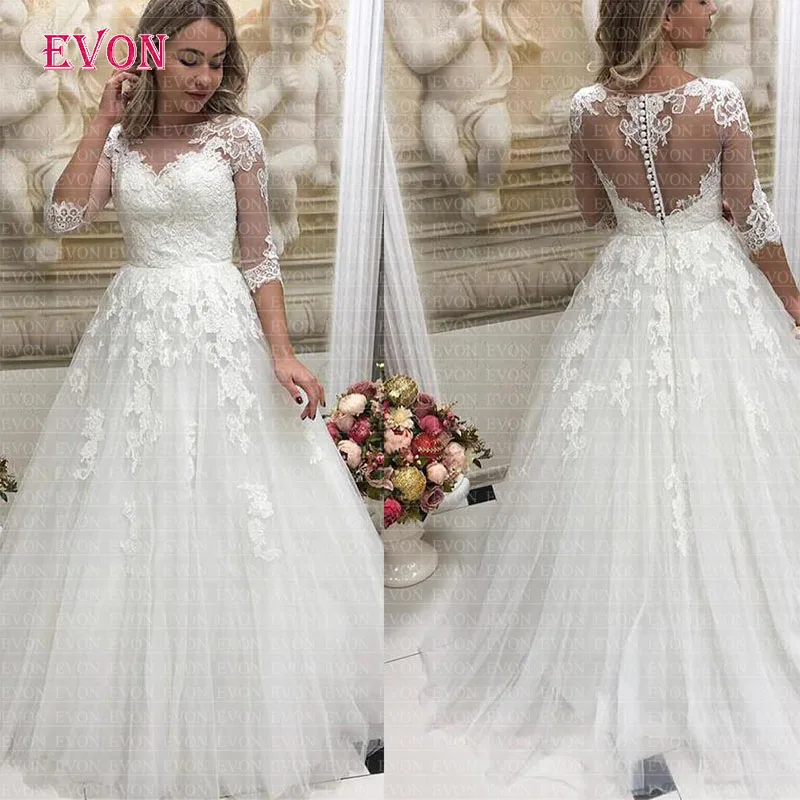 Fashion Half Sleeves O Neck A Line Wedding Dresses 2020 Illusion Back With Buttons Wedding Gowns Cheap Vestido De Noiva