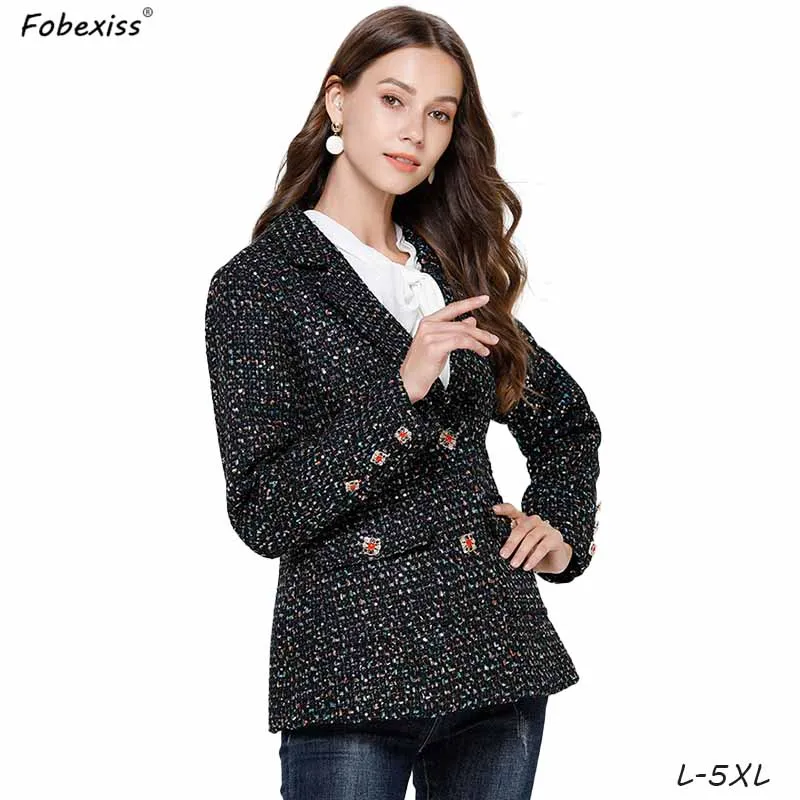 Black Tweed Blazers Women Tweed Blazers Jacket Vintage Black Plaid Plus Size 5XL Slim Elegant Office Lady Short Coat Autumn Winter Women Blazer - Цвет: Black Tweed Blazers