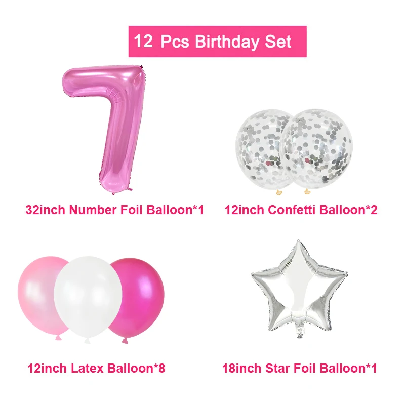 12pcs Pink Number Foil Balloon Birthday Party Decoration Latex Balloons Kids Baby Girl 1 2 3 4 5 6 7 8 9 Years Old 1st Birthday