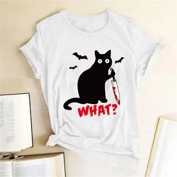 

2020 Black Cat What Tshirt women Cat Knife Funny T Shirt Short Sleeve Halloween Tops fashion Tees Femme Camisetas Verano Mujer