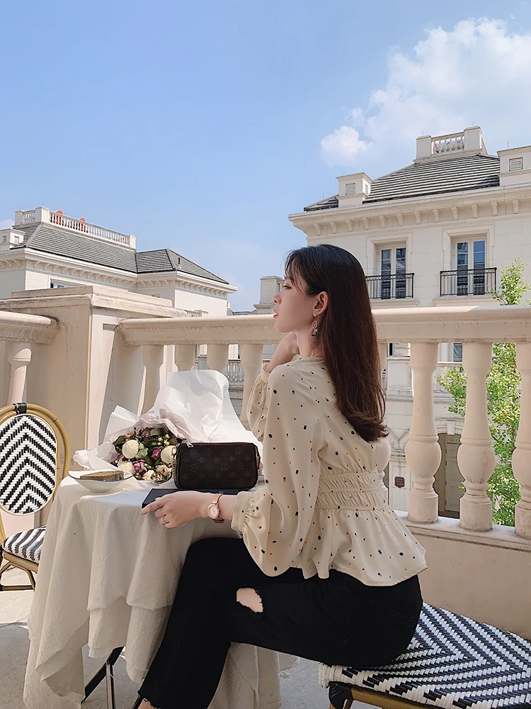 MISHOW, Женская Осенняя Повседневная блуза в горошек,, Vneck, высокая эластичная талия, Облегающая рубашка MX19C4471
