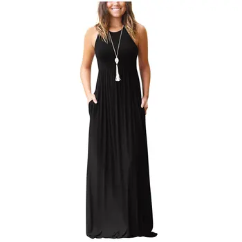 

Summer Women's Maxi Dress Ladies' sleeveless O-Neck Solid Color Dress Casual For Home Dress Fashion Office Long Dresses