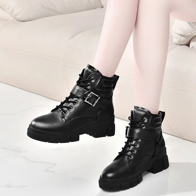 

Dunhu 2019 Winter New Style round-Toe Chunky Heel Short Boots Waterproof Platform Casual Women's Boots plus Velvet Lace-up WOMEN