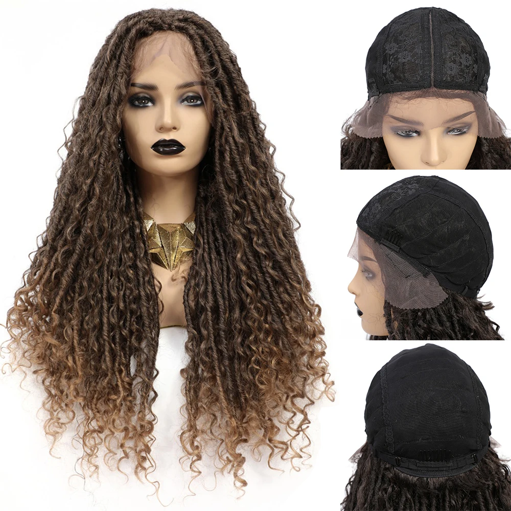 X-TRESS Faux Locs Synthetic Wigs Straight Mix Curly Barids Ombre Brown Colored Crochet Braids Wig For Black Women Soft Dreadlock