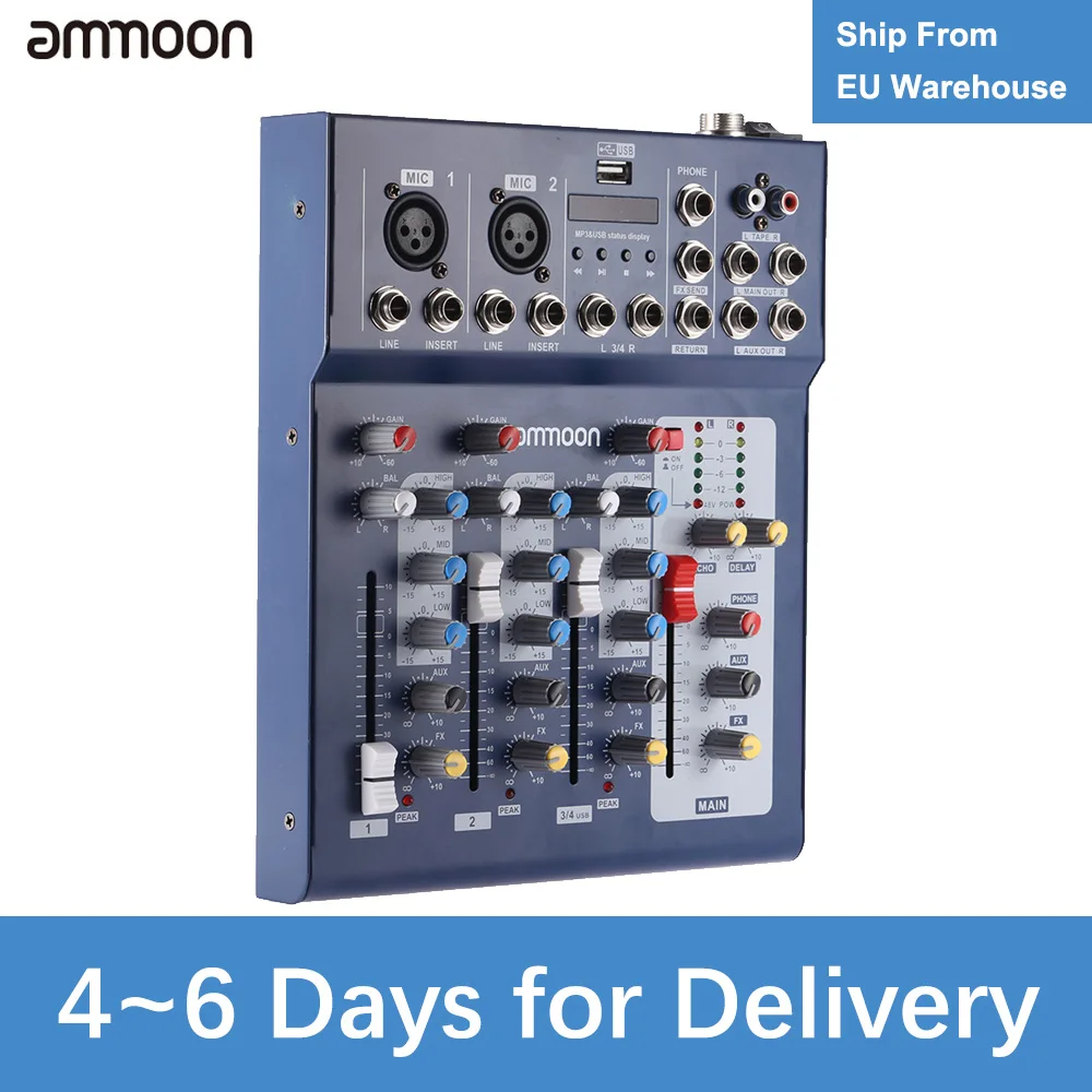 

ammoon F4-USB 3 Channel Digital Mic Line Audio Mixing Mixer Console with 48V Phantom Power for Recording DJ Music