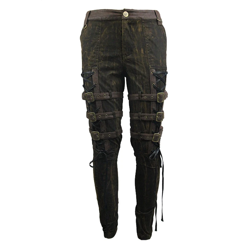 Devil модные мужские длинные джинсы в стиле стимпанк с высокой талией, облегающие брюки, подтяжки в штанинах на шнуровке, узкие брюки