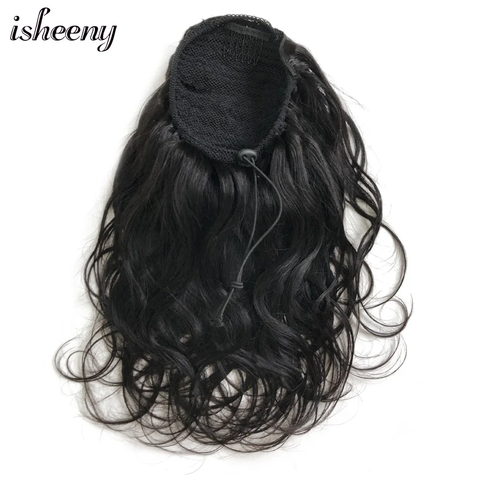 

Isheeny Human Hair Ponytail extensions 8"-24" Brazilian Wavy Drawstring Pony Tail Clip In Hair Natural Color 100g