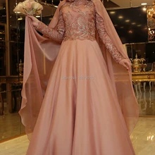 New Arrival A-Line Muslim Long Evening Dress Floor-Length Chiffon Beaded Sequins Long Sleeves Islamic Cape Coat Women Dress